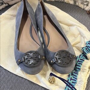 Tory Burch Blue Suede Flats with Logo Detail